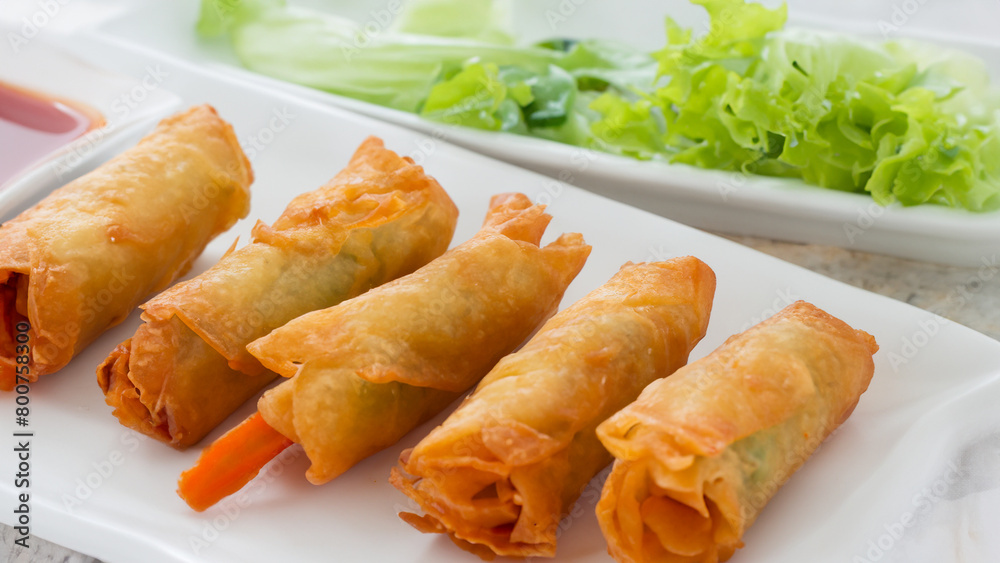 Fried vegetable spring rolls and sour sauce. Generative Ai Fried vegetable spring rolls and sour sauce. Generative Ai