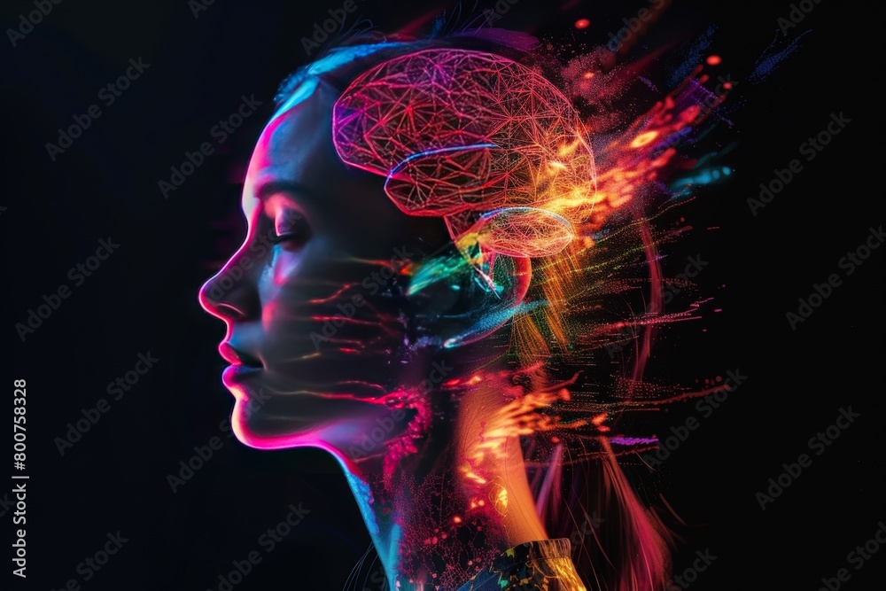 Side view of a woman's head with colorful brain. Generate AI image Side view of a woman's head with colorful brain. Generate AI image