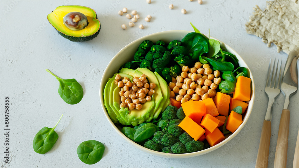 healthy vegan lunch bowl with Avocado, mushrooms, broccoli, spinach, chickpeas,pumpkin.Generative Ai healthy vegan lunch bowl with Avocado, mushrooms, broccoli, spinach, chickpeas,pumpkin.Generative Ai