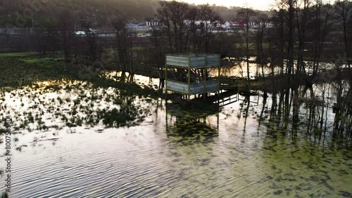 Birdwatching Tower Inundated With Water ,Aerial Pullback, Gothenburg, photo