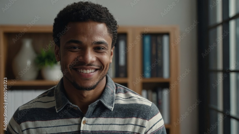 Obraz premium Smiling cheerful young adult african american ethnicity man in casual attire looking at camera standing at home office background. Happy confident black guy headshot face front close up portrait