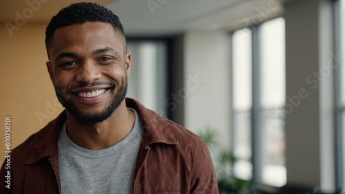 Smiling cheerful young adult african american ethnicity man in casual attire looking at camera standing at home office background. Happy confident black guy headshot face front close up portrait