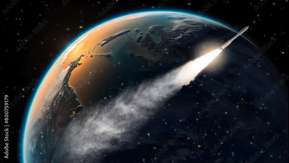 Rocket launching on earth backdrop in space Rocket launching on earth backdrop in space