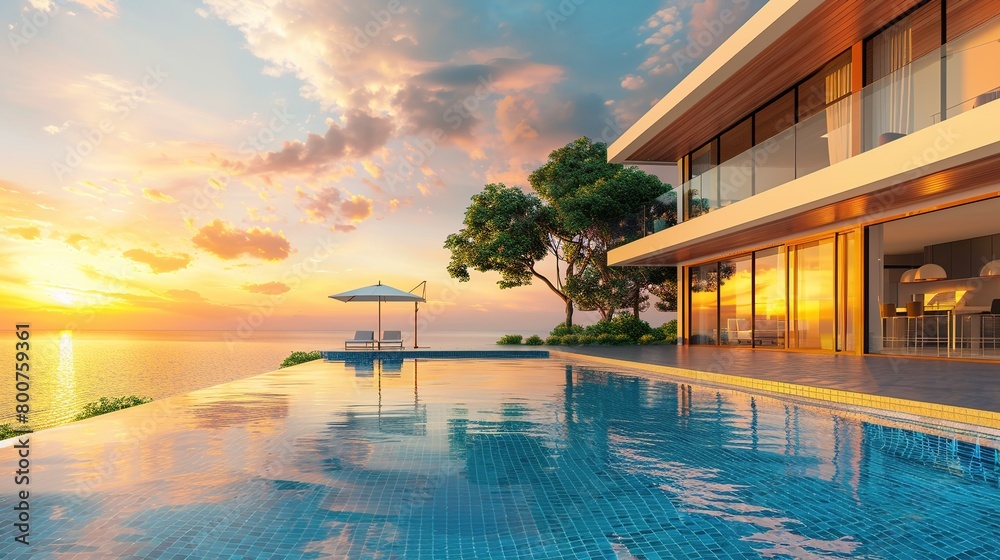 Fototapeta premium Luxury home with modern pool at sunrise, contemporary villa architecture, resort style hotel with beautiful interior and exterior design, backyard view, summer vacation and real estate concept
