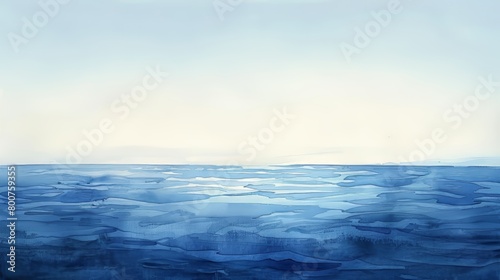 Minimalistic watercolor seascape showing the endless ocean meeting a clear sky, the scene bathed in soft sunlight