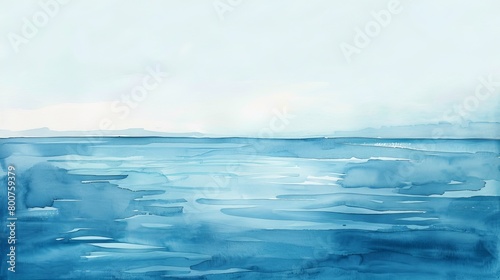 Minimalistic watercolor seascape showing the endless ocean meeting a clear sky  the scene bathed in soft sunlight