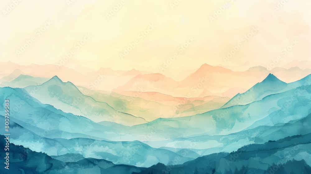 Gentle watercolor view of a distant mountain range seen across a serene valley, colors fading into the horizon for a calming effect