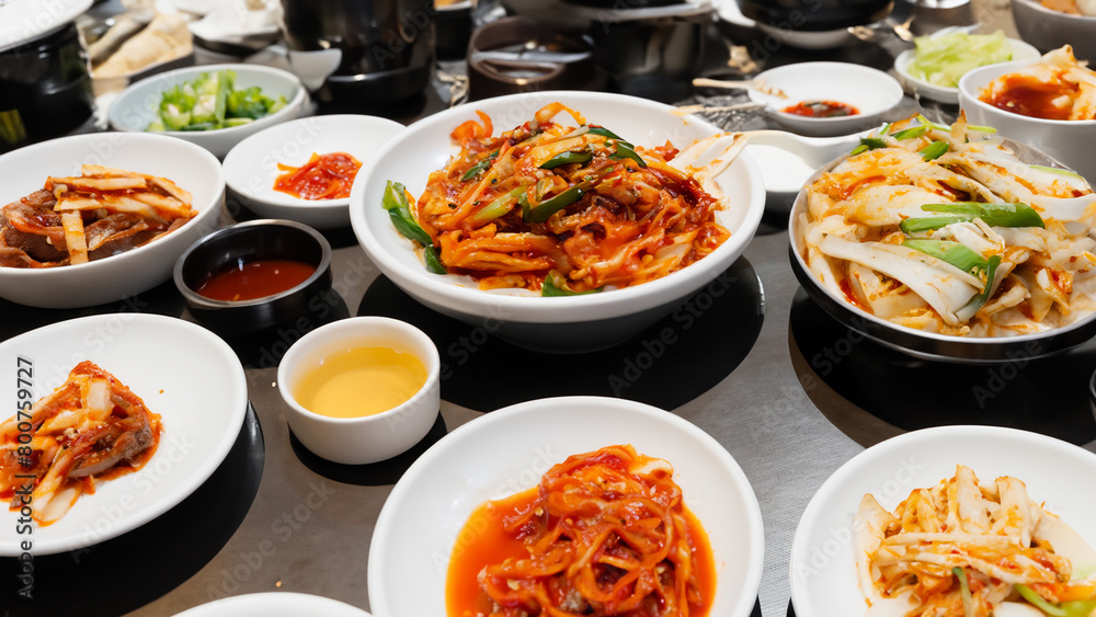 Korean foods served on a dining table. Generative Ai Korean foods served on a dining table. Generative Ai