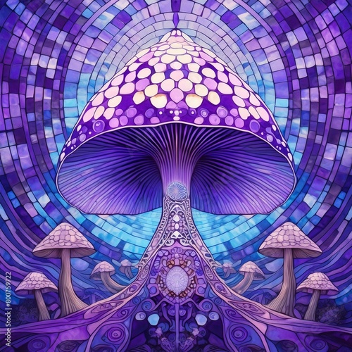 Full Body Portrait of Magical Psychedelic Mushroom in Mosaic Kaleidoscope of Violet Shades and Tones. Surreal Mystical Fairy Tale Creature Illustration. 
