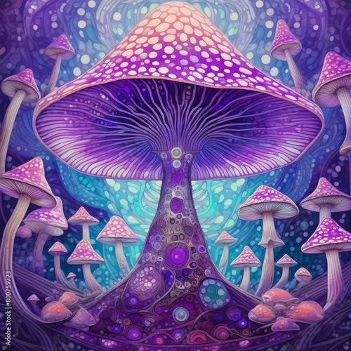 Full Body Portrait of Magical Psychedelic Mushroom in Kaleidoscope of Violet Shades and Tones. Surreal Mystical Fairy Tale Creature Illustration. 
