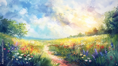 Idyllic countryside watercolor showing a sunlit path through fields of wildflowers, designed to uplift and inspire peace