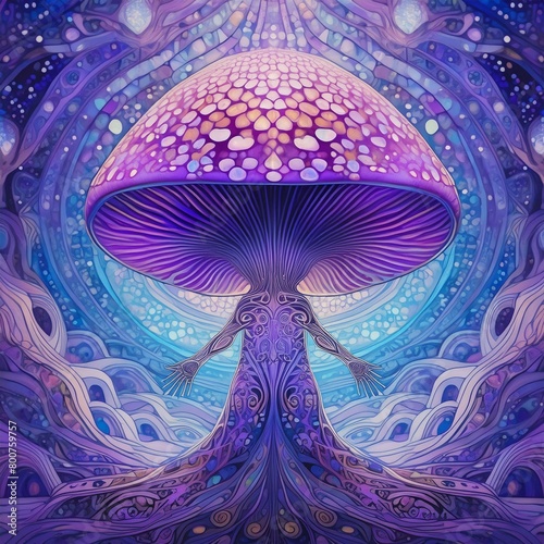 Full Body Portrait of Magical Psychedelic Mushroom in Kaleidoscope of Violet Shades and Tones. Surreal Mystical Fairy Tale Creature Illustration. 