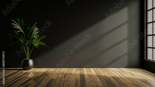 A large empty room with a black wall and a potted plant in the corner. The room is bare and has a minimalist feel to it