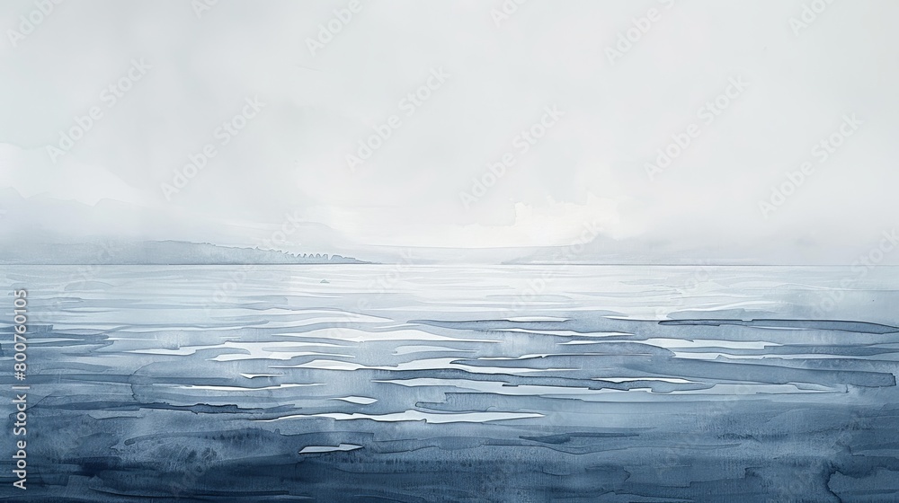 Minimalist watercolor of a calm sea under a foggy morning, the quiet and soft tones providing a backdrop of tranquility