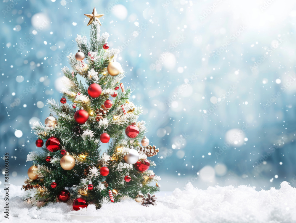 cristmas tree with full of christmas decoration, snow background -  ai