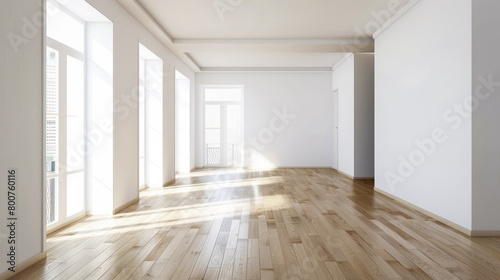 Wallpaper Mural A large, empty room with white walls and wooden floors. The room is bright and airy, with sunlight streaming in through the windows. The space is open and inviting Torontodigital.ca