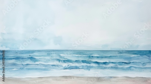 Minimalist watercolor of a distant horizon where the ocean meets the sky, the simplicity aiming to soothe and calm clinic patients