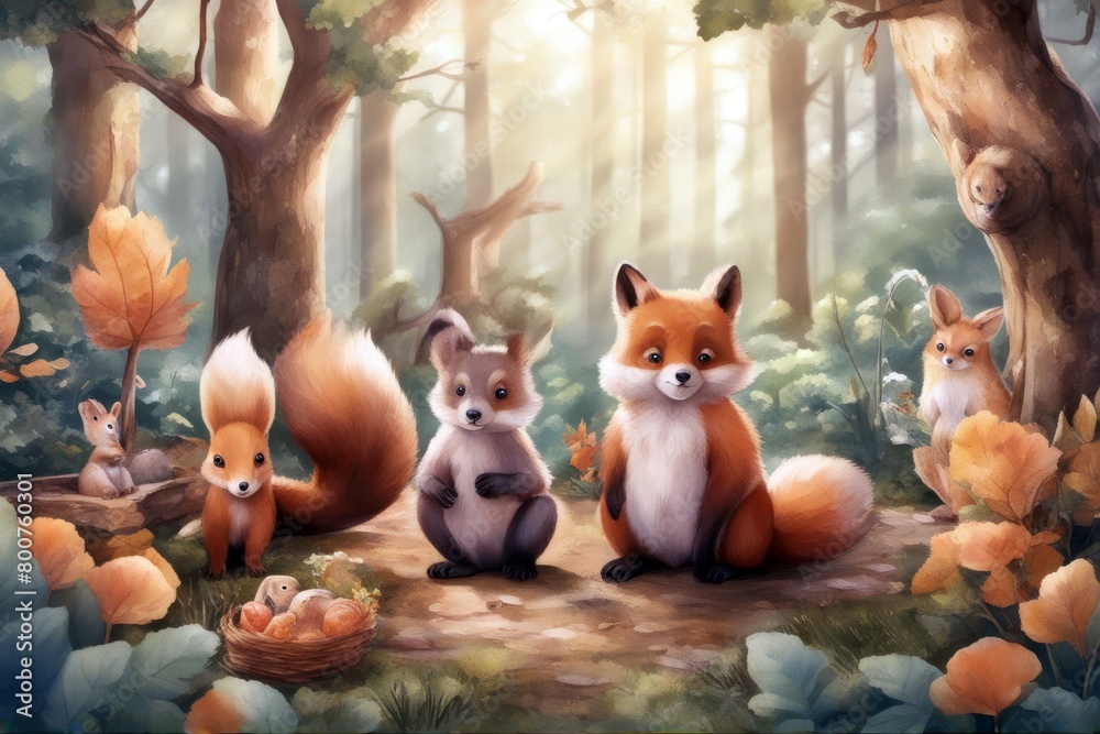 Fototapeta premium 'bear fox woodland squirrel bunny illustration animals watercolor baby timberland animal rabbit hedgehog tree pine acorn foliage leaf shower children childcare center decor birthday invitation frame'