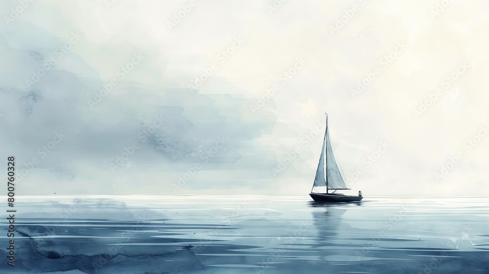 Obraz premium Minimalist watercolor seascape with a clear sky and calm sea, designed to induce relaxation and a meditative state in the viewer