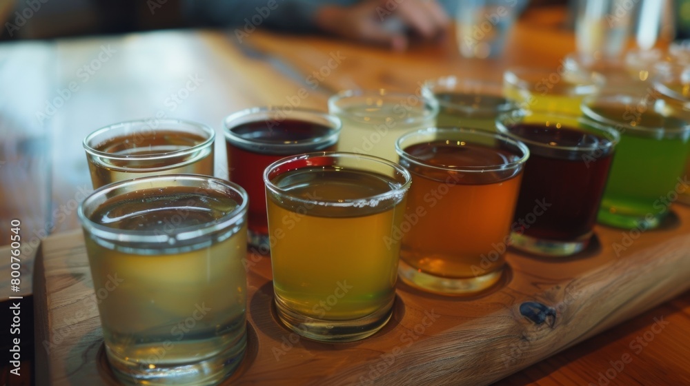A mocktail flight with small glasses of various colors and flavors allowing guests to taste a range of options throughout their meal. A mocktail flight with small glasses of various colors and flavors allowing guests to taste a range of options throughout their meal.