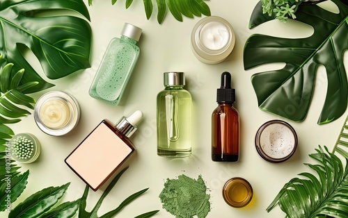 Assorted organic skincare bottles and creams with tropical leaves on a pale background.