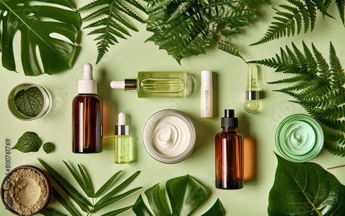 Assorted organic skincare bottles and creams with tropical leaves on a pale background.