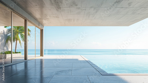 A large open space with a pool and a view of the ocean. The pool is surrounded by a white deck and the view of the ocean is breathtaking