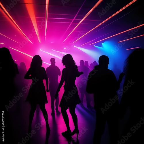 Silhouettes of people dancing in a club with neon lights - generated by ai