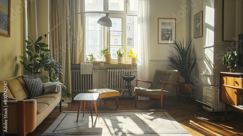 A living room with a couch  a coffee table  and a few potted plants. The room is bright and inviting  with sunlight streaming in through the windows