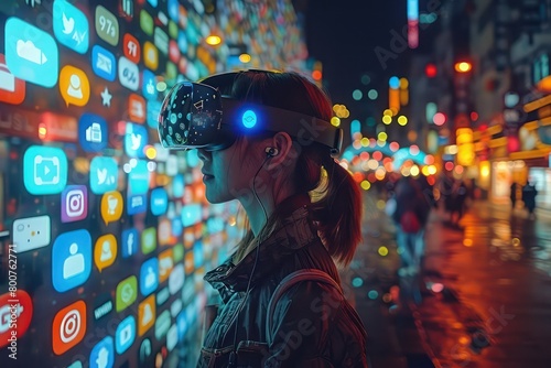 A person wearing AR glasses surrounded by floating social media icons