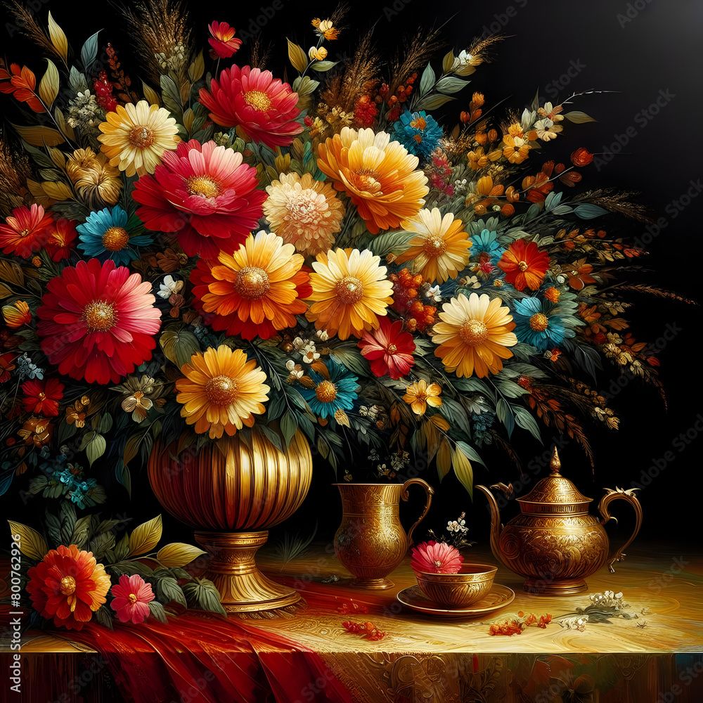 Red and gold flowers, oil painting, with bright colors, HDR, a black background, with a free space to add your text