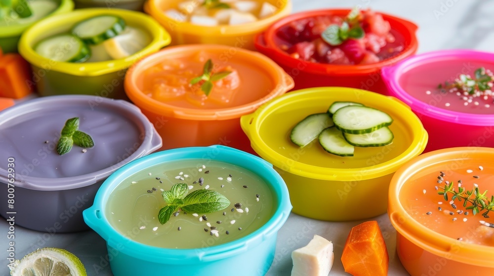 A set of reusable silicone food pouches for onthego mealtime.. A set of reusable silicone food pouches for onthego mealtime..