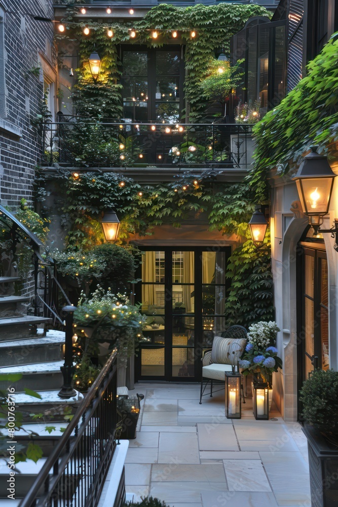 an elegant balcony makes for a spring lush oasis with lights at night