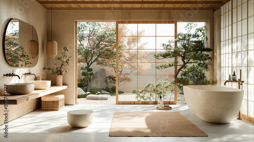 A bathroom with a large bathtub and a small sink. The bathroom is decorated with a lot of plants and has a lot of natural light coming in through the windows. The bathroom has a very calming