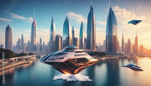  a futuristic cityscape bustling with activity, showcasing sleek skyscrapers and bustling hovercrafts against a neon-lit skyline.