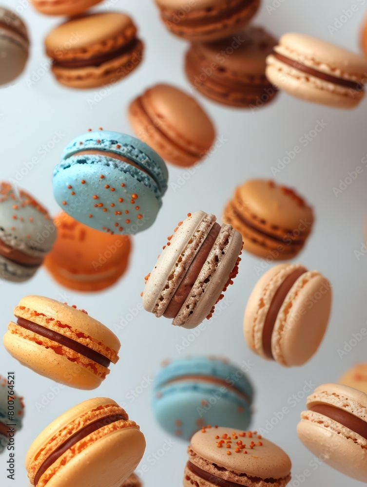 colorful baked macarons flying