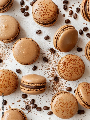Coffee macarons on a light background with coffee beans