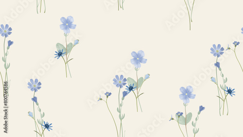Floral seamless pattern, assorted blue wildflowers on brown background