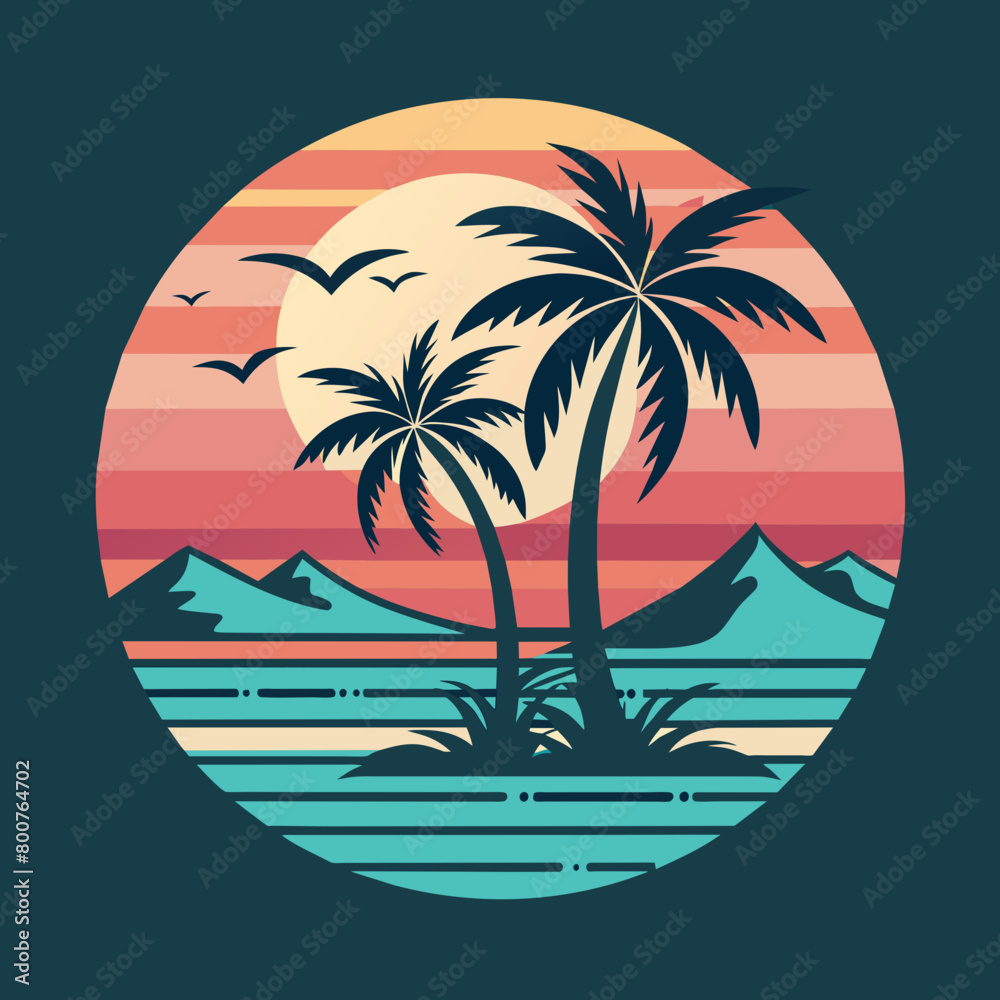 Fototapeta premium tropical island with palm trees, beach with palm trees vintage vector illustration with white background
