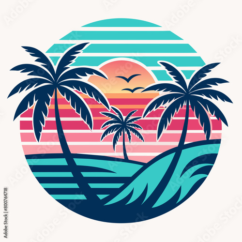 tropical island with palm trees, beach with palm trees vintage vector illustration with white background