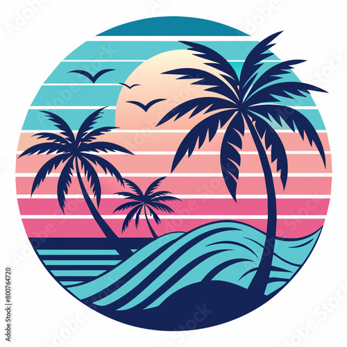 tropical island with palm trees, beach with palm trees vintage vector illustration with white background