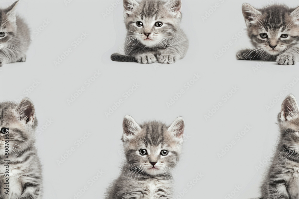 Collection of adorable gray and white kittens playing together on a clean white background, cute pet concept