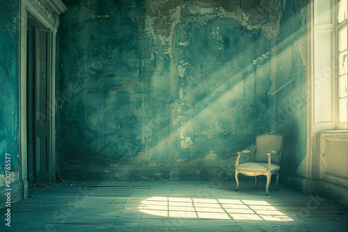 Gentle sun rays highlight the warmth and vintage charm of the vintage teal room.