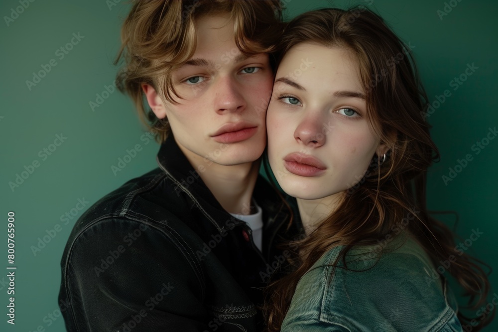 Casual Young Pair of Lovers in Denim Embracing. Generative AI. Casual Young Pair of Lovers in Denim Embracing. Generative AI.