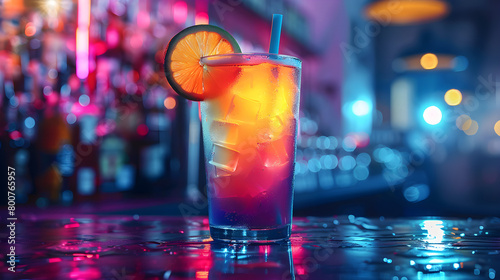 Colorful cocktails in glass on bar counter with neon lights on dark night background. Perfect for advertising and promotion of nightlife events and bars.