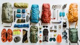 knolling backpacking essentials in a white background