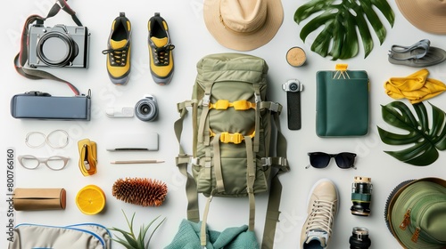 knolling backpacking essentials in a white background photo