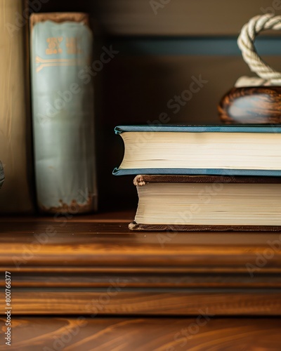 close up of two closed books stacked on a home office wood desk