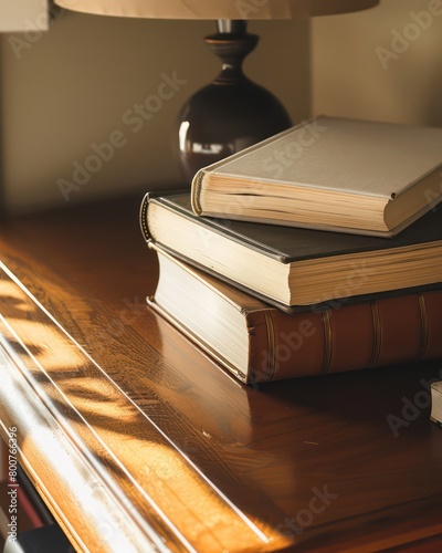 close up of two closed books stacked on a home office wood desk