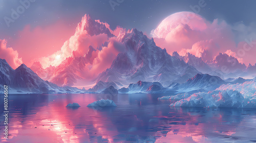 A mystical mountain range that looks like piled scoops of sherbet under a candy floss sky photo